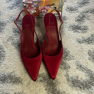 Jeffrey Campbell Estella red satin heels